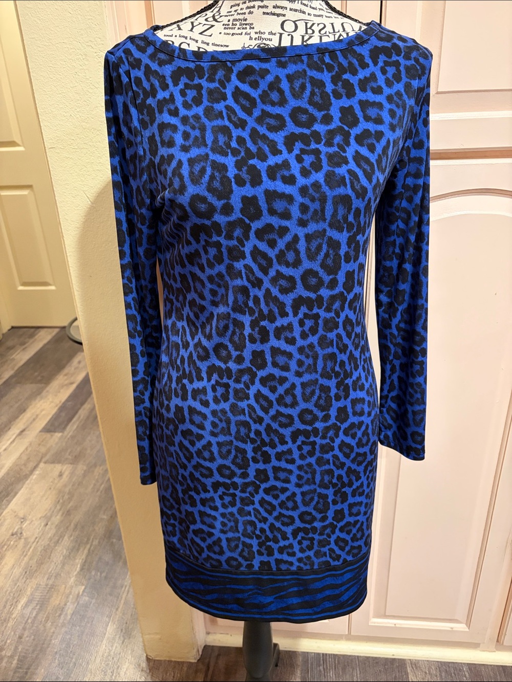 MICHAEL Michael Kors Blue and Black Leopard Print Long Sleeve Dress